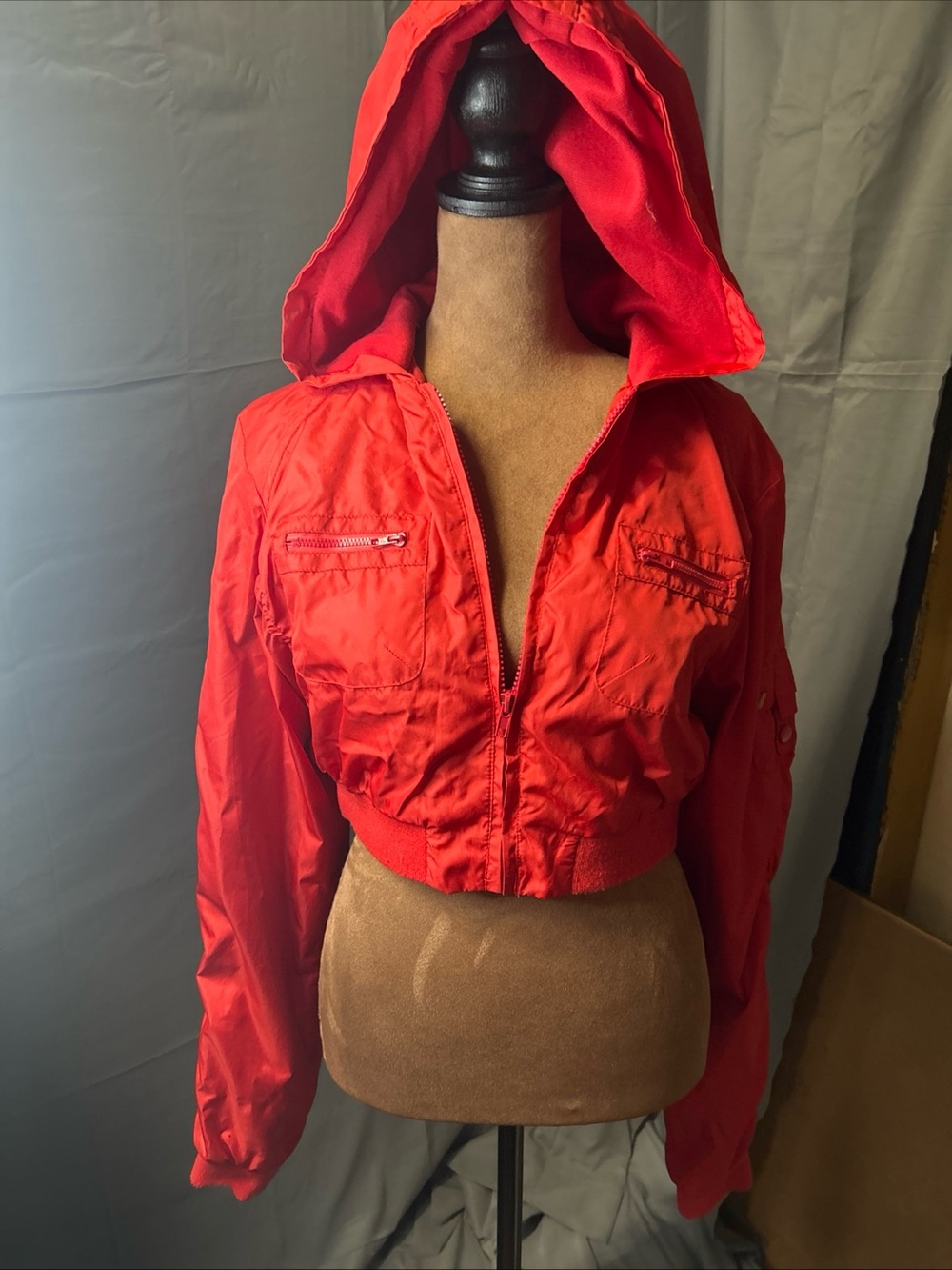 VOICE Red Cropped Utility Bomber Jacket Hooded Streetwear Zip Up Coat XL